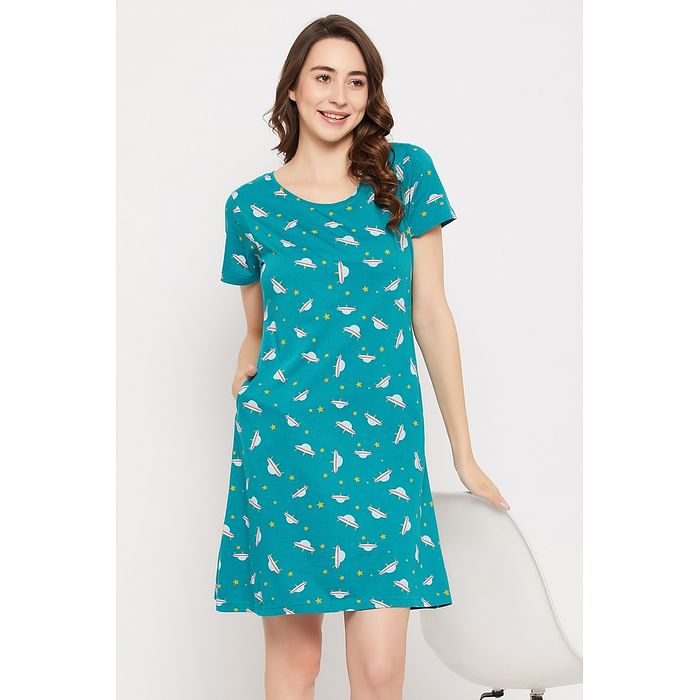 

Clovia Spaceship Print Short Night Dress in Teal Blue - 100% Cotton - NS1197P36