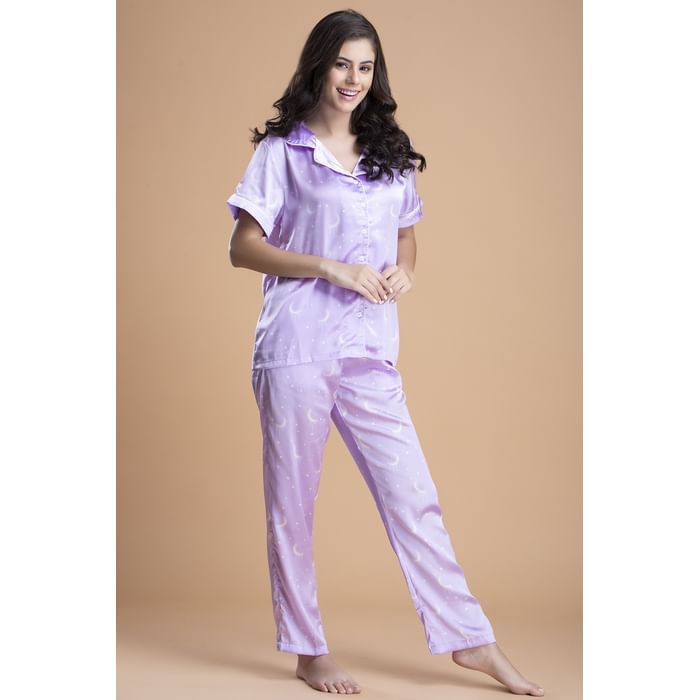 

Clovia Star & Moon Print Button Me Up Shirt & Pyjama Set in Lilac - Satin - NS1212P12, Lavender