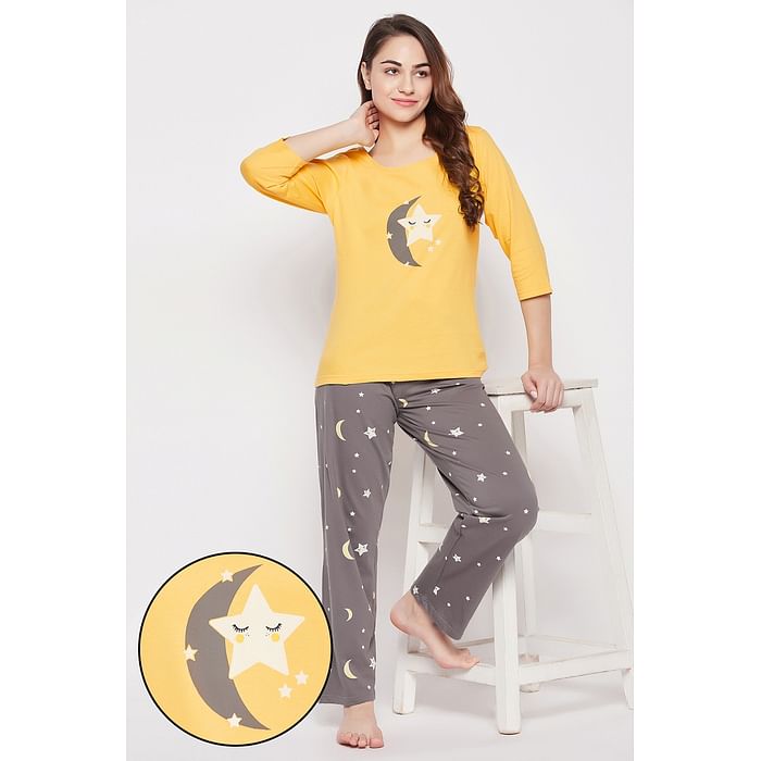 

Clovia Star & Moon Print Top in Yellow & Pyjama in Light Grey - 100% Cotton - LS0680A02, Light yellow