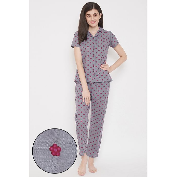 

Clovia Star Print Button Down Shirt & Pyjama Set in Dark Grey - 100% Cotton - LS0385D05