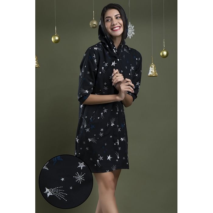 

Clovia Star Print Short Hooded Dress in Black - Rayon - NS1442P13