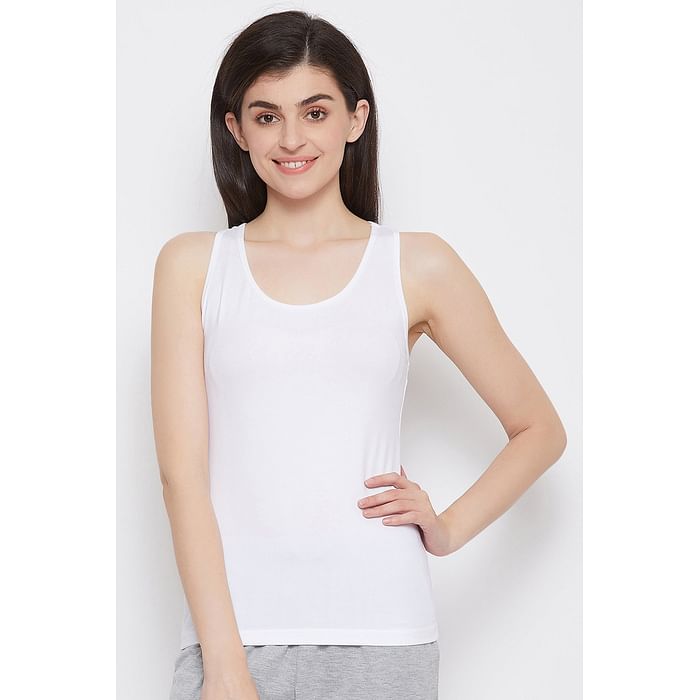 

Clovia Stretchable Cotton Tank Top with Racerback - CM0008R18, White