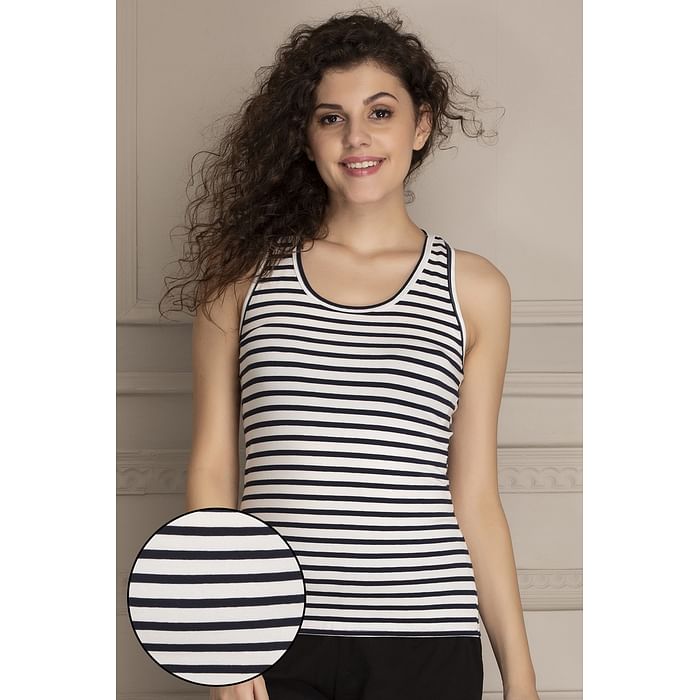 

Clovia Striped Cami Top in Dark Blue - Cotton Rich - CM0013F08, Navy