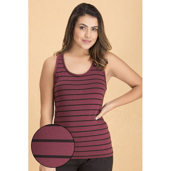 

Clovia Striped Cami Top in Maroon - Cotton Rich - CM0013D09
