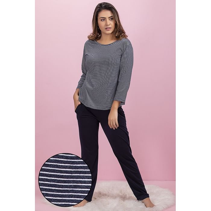 

Clovia Striped Top & Pyjama Set in Dark Blue - Cotton Rich - LS0499P08, Navy