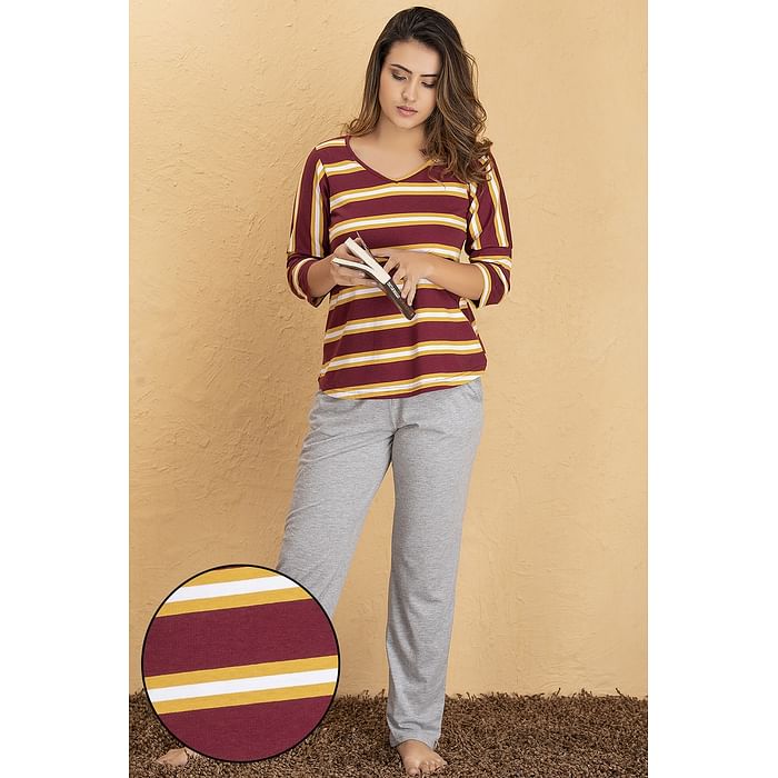 

Clovia Striped Top & Pyjama Set in Maroon & Grey - Cotton Rich - LS0496P09
