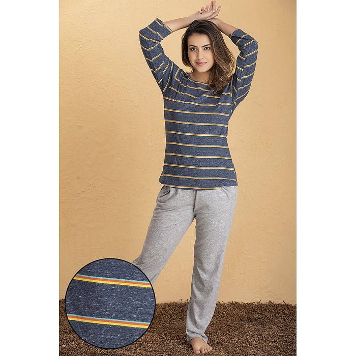 

Clovia Striped Top & Pyjama Set in Navy & Grey - Cotton Rich - LS0496P08
