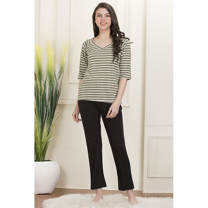 

Clovia Striped Top & Pyjama Set in Olive Green - Cotton Rich - LS0494P11, Light green