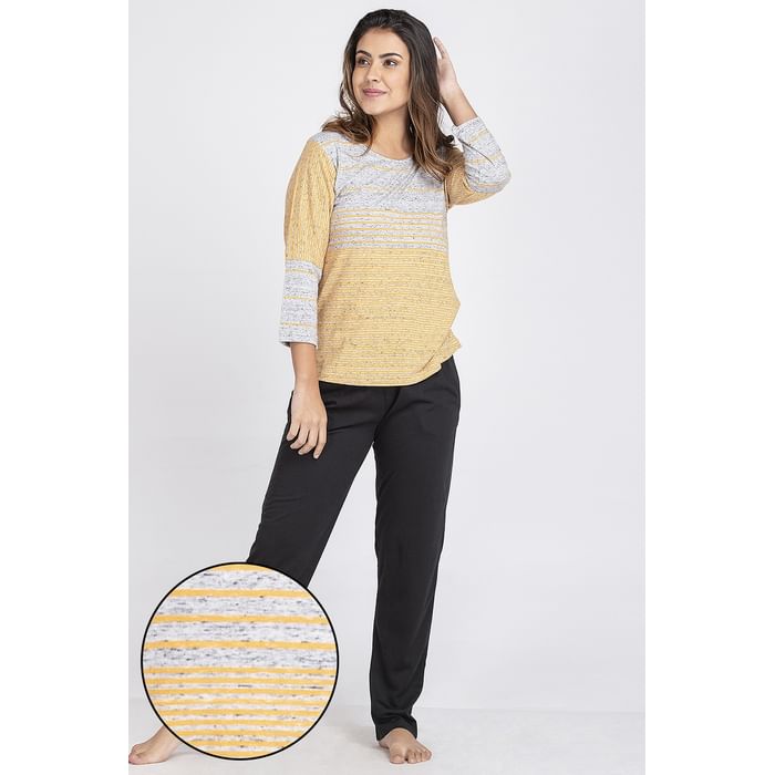 

Clovia Sassy Stripes Top & Pyjama Set in Yellow & Black- Cotton Rich - LS0499P07, Mustard