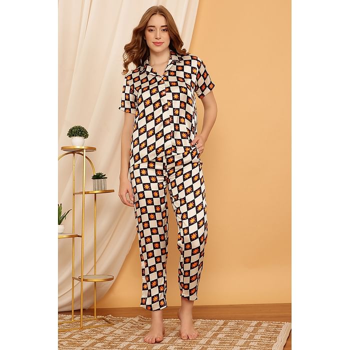 

Clovia Sun Print Button Down Shirt & Pyjama Set in White - Satin - LS0385I18