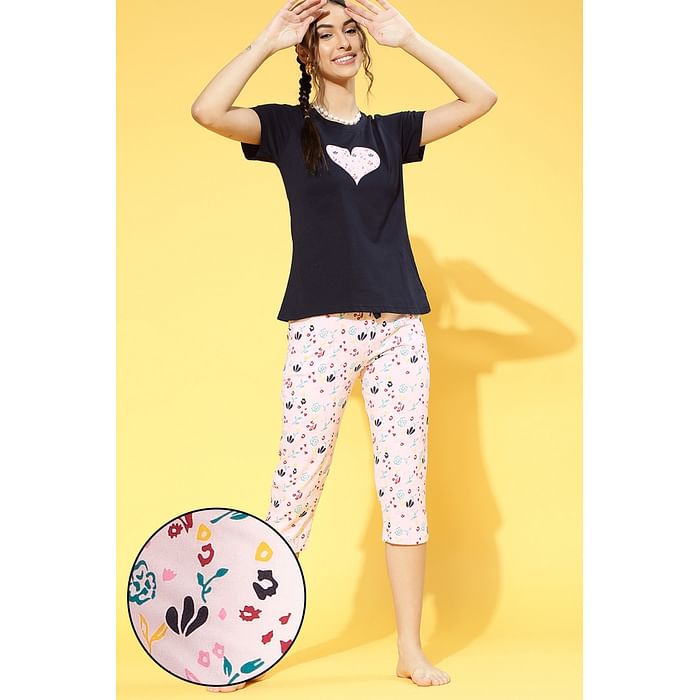 

Clovia Sweet Heart Top & Pyjama in Navy & Pink - 100% Cotton - LS0411P08