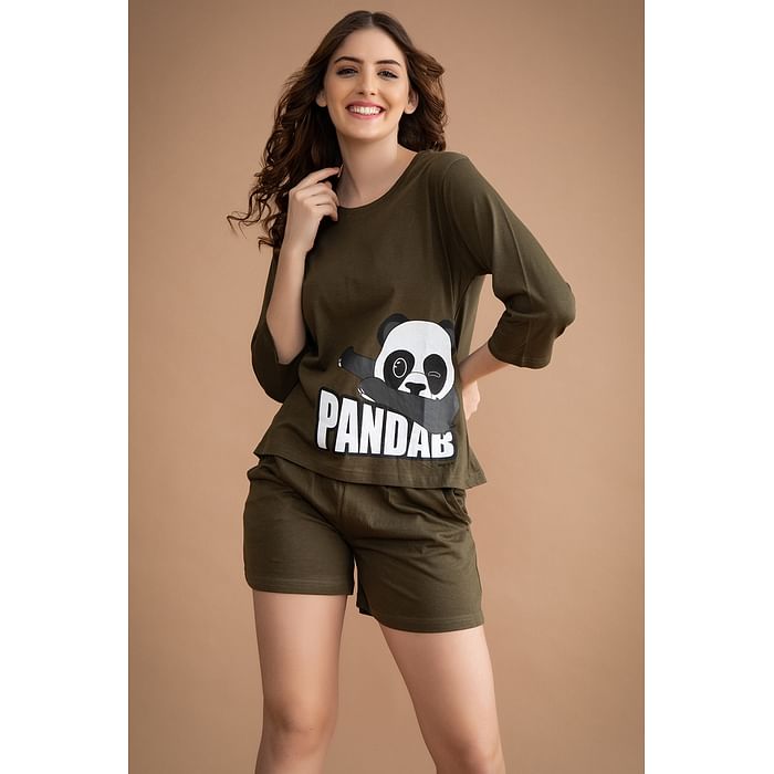 

Clovia Text & PANDAB Print Top & Solid Shorts Set in Olive Green - 100% Cotton - LS0410A17, Dark green