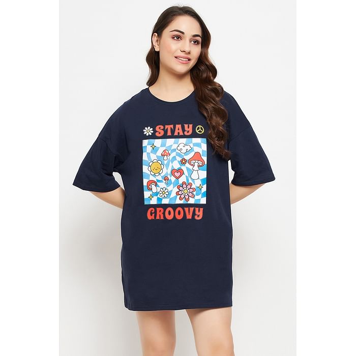 

Clovia Text & Graphic Print Oversized T-shirt in Navy - 100% Cotton - LT0166P08