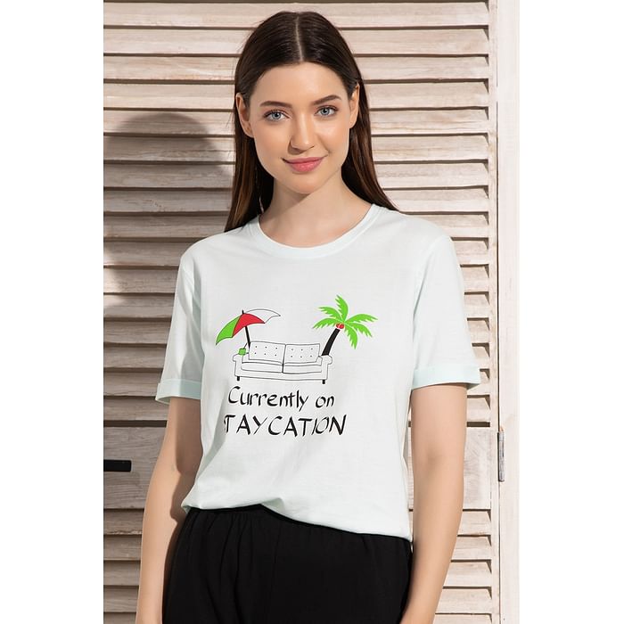 

Clovia Text & Graphic Print Sleep T-shirt in Sky Blue - 100% Cotton - LT0153P03, Light blue