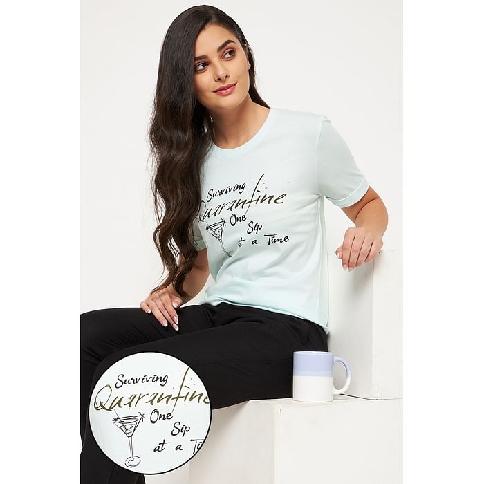 

Clovia Text & Graphic Print Sleep T-shirt in Sky Blue - 100% Cotton - LT0153A03, Light blue