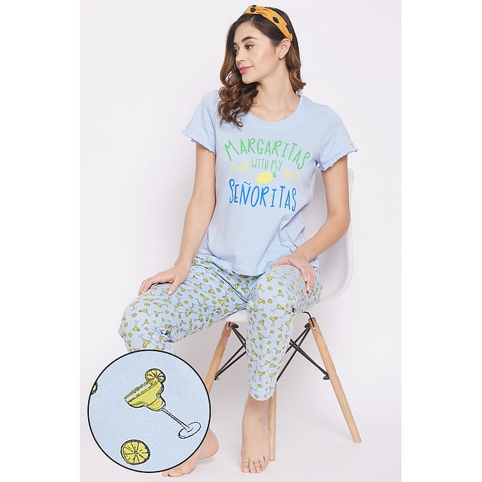 

Clovia Text & Graphic Print Top & Printed Pyjama Set in Light Blue - 100% Cotton - LS0556R03