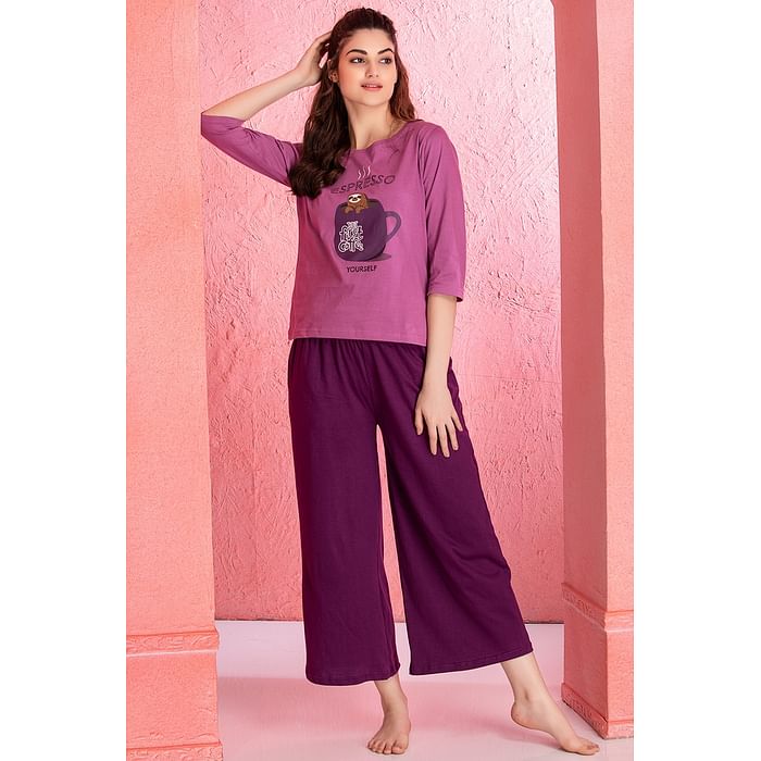 

Clovia Text & Graphic Print Top & Solid Flared Pyjama Set in Purple - 100% Cotton - LS0546P15
