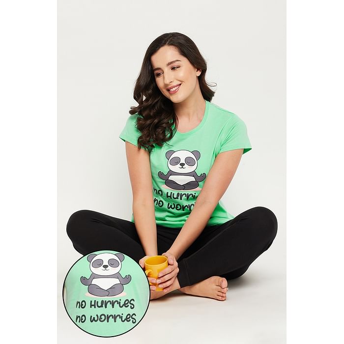 

Clovia Text & Emoji Print Top & Solid Jogger Set in Turquoise Green - 100% Cotton - LS0581P11, Light green