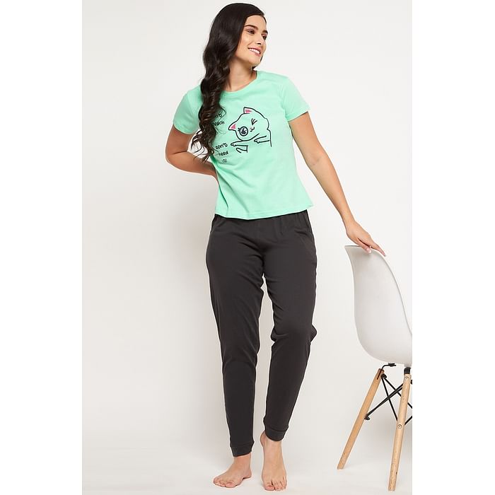 

Clovia Text & Emoji Print Top & Solid Jogger Set in Turquoise Green - 100% Cotton - LS0581A11, Light green