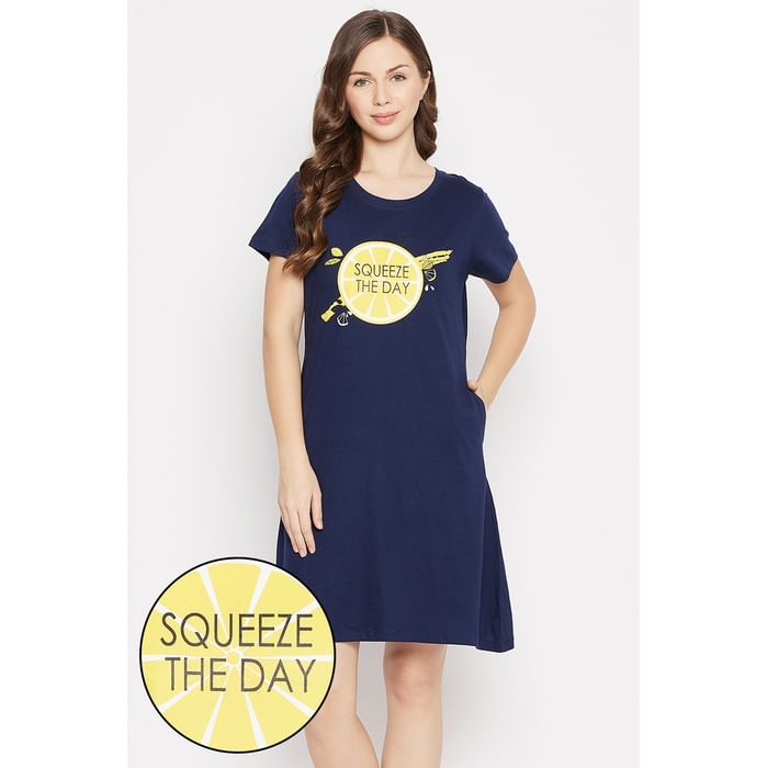 

Clovia Text & Lemon Slice Print Short Night Dress in Navy - 100% Cotton - NS1209A08