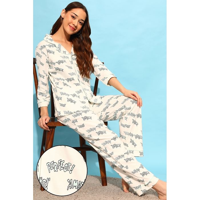 

Clovia Text Print Button Down Shirt & Pyjama Set in White - 100% Cotton - LS0585E18