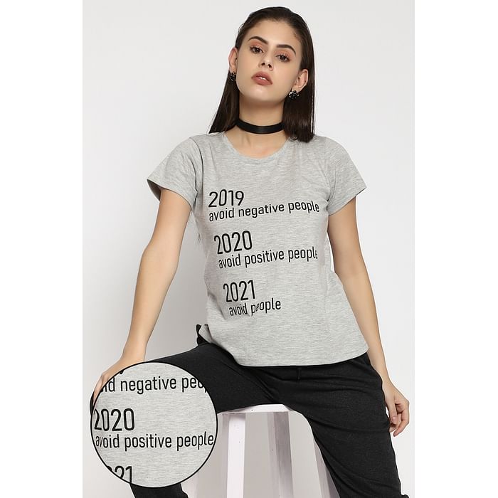

Clovia Text Print Sleep T-shirt in Melange Grey - 100% Cotton - LT0126P01, Light grey