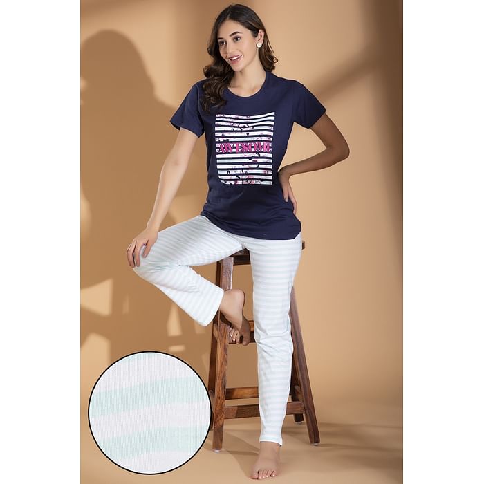 

Clovia Text Print Navy Sleep T-shirt & Sky Blue Striped Pyjama - 100% Cotton - LS0193P03, Light blue