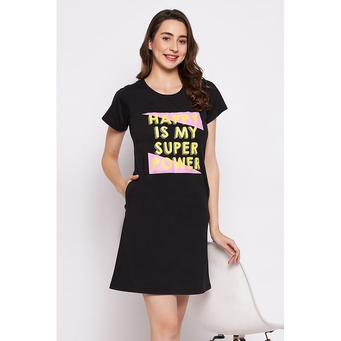 

Clovia Text Print Short Night Dress in Black - 100% Cotton - NS5209P13