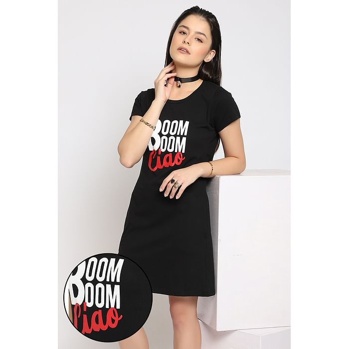 

Clovia Text Print Short Night Dress in Black - 100% Cotton - NS1209I13