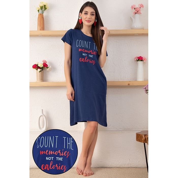 

Clovia Text Print Short Night Dress in Blue - 100% Cotton - NS1209H08, Navy
