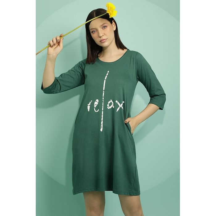 

Clovia Text Print Short Night Dress in Teal Green - 100% Cotton - NS1233A17, Dark green