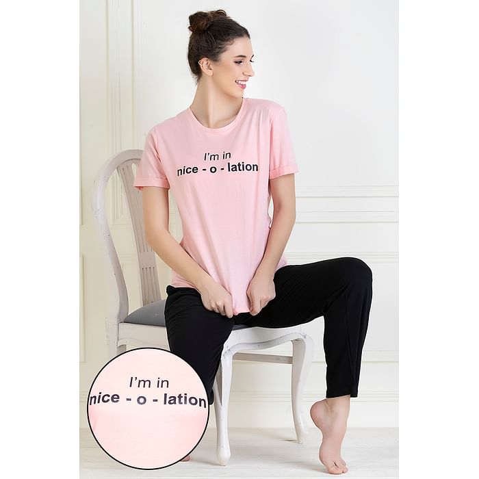 

Clovia Text Print Sleep T-shirt in Baby Pink - 100% Cotton - LT0153P22, Light pink