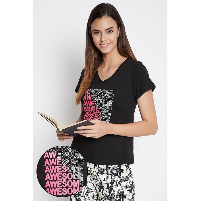 

Clovia Text Print Sleep T-shirt in Black - 100% Cotton - LT0135P13