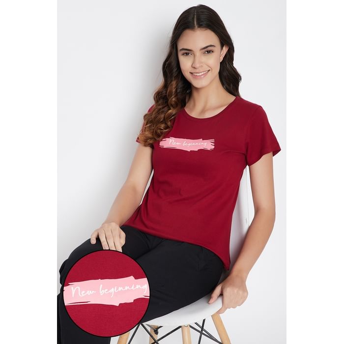 

Clovia Text Print Sleep T-shirt in Maroon - 100% Cotton - LT0132P09