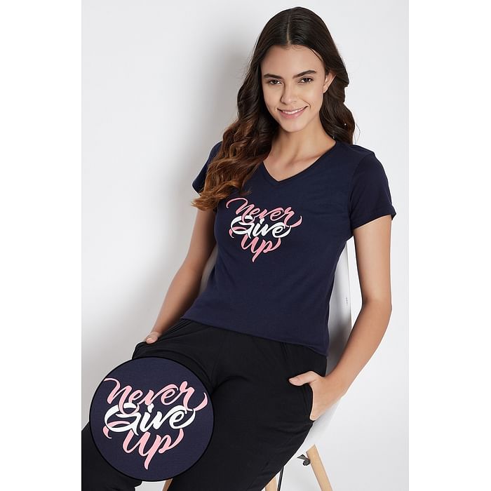 

Clovia Text Print Sleep T-shirt in Navy - 100% Cotton - LT0135E08