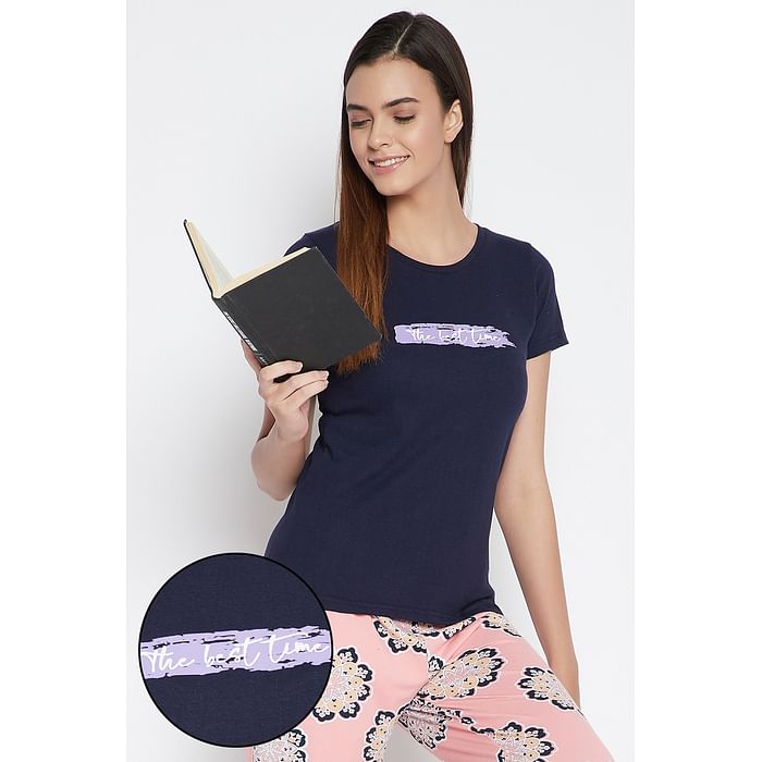 

Clovia Text Print Sleep T-shirt in Navy - 100% Cotton - LT0132A08