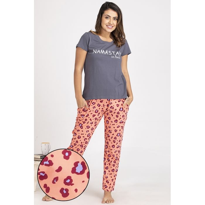 

Clovia Lazy Lounge Top & Pyjama Set in Grey & Orange- Cotton Rich - LSC124A05, Dark grey