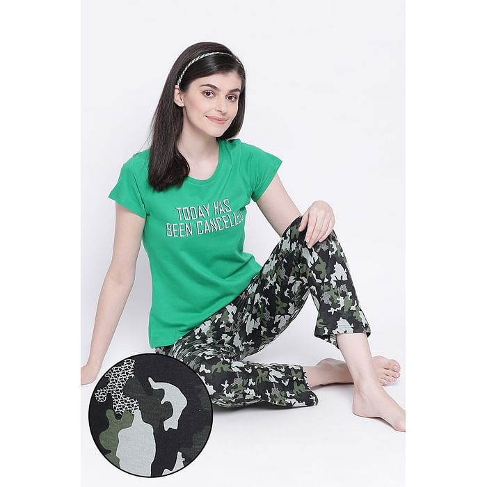 

Clovia Text Print Top & Camouflage Print Pyjama in Green & Black - Cotton Rich - LSC176X13