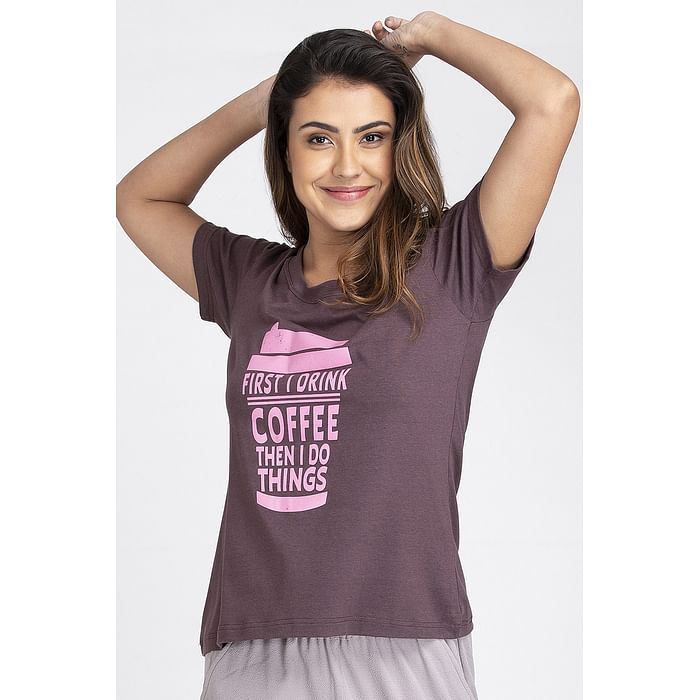 

Clovia Text Print Top in Dark Purple - Cotton Rich - LT0124D15
