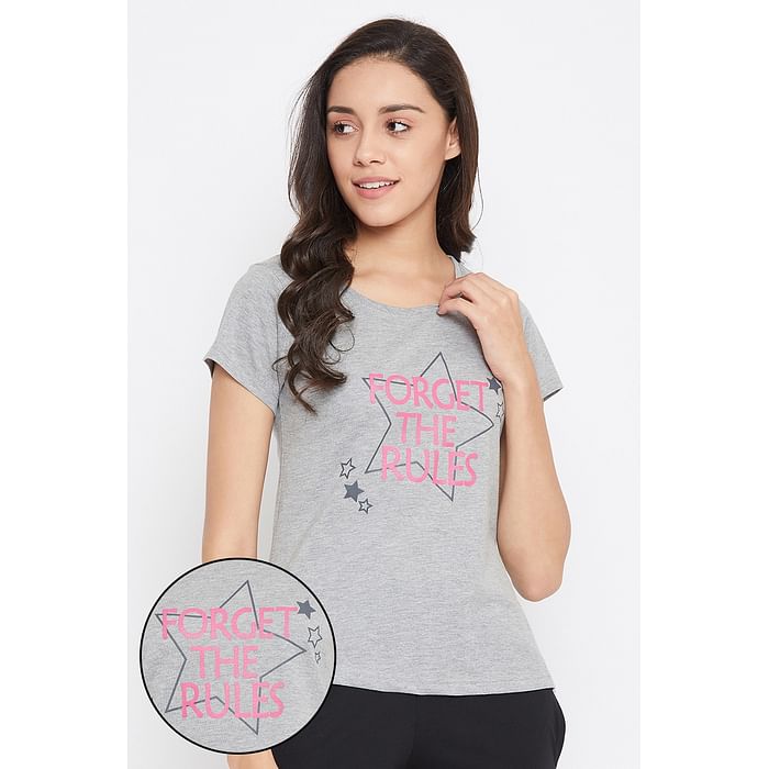 

Clovia Text Print Top in Grey - Cotton Rich - LT0124I01, Light grey
