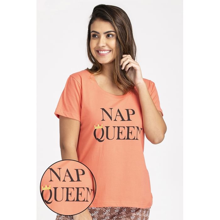 

Clovia Text Print Top in Peach - 100% Cotton - LT0132T14, Pink