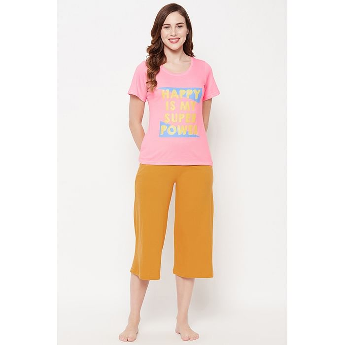 

Clovia Text Print Top in Pink & Chic Basic Capri in Mustard Colour - 100% Cotton - LSC001B22, Light pink