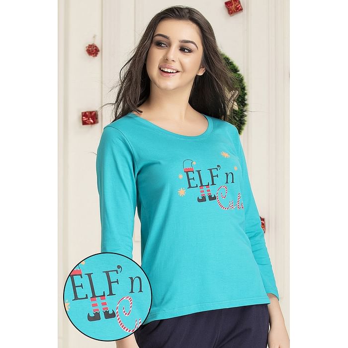

Clovia Xmas Top in Teal Green - Cotton - LT0131P17, Dark green