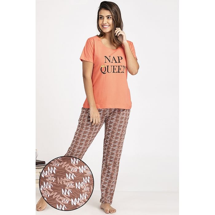 

Clovia Lazy Lounge Top & Pyjama in Orange & Brown- 100% Cotton - LSC132T14, Pink