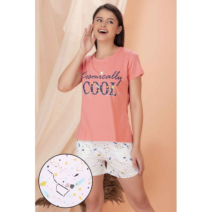 

Clovia Print Me Pretty Top & Shorts Set in Peach & White - Cotton Rich - LS0410P22, Light pink