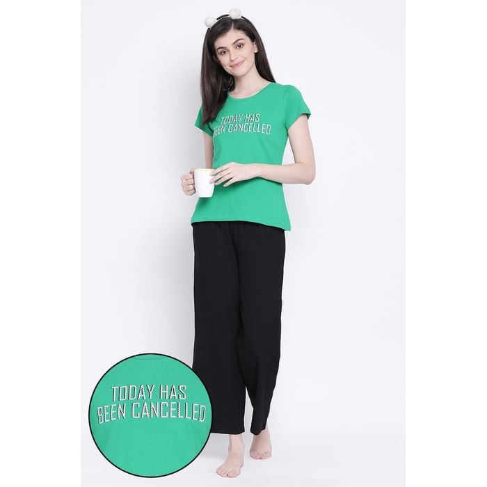 

Clovia Text Print Top & Pyjama in Green & Black - Cotton Rich - LSC186P13