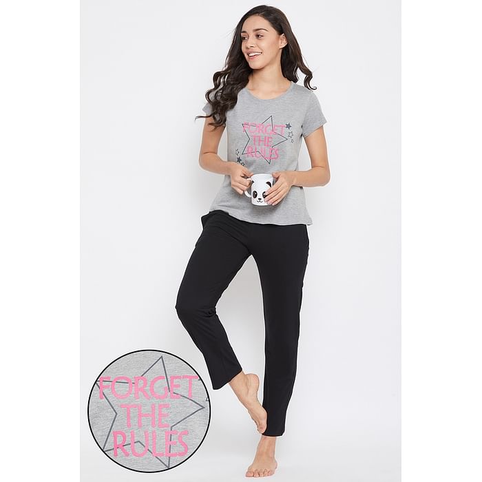 

Clovia Text Print Top & Pyjama in Grey and Black - Cotton Rich - LSC124I01, Light grey