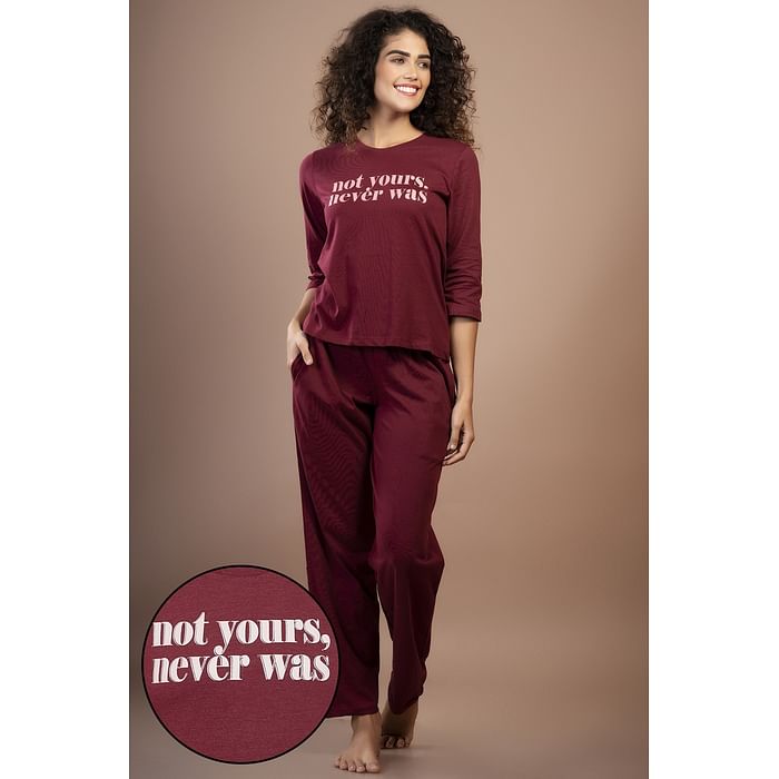 

Clovia Text Print Top & Pyjama in Maroon - Cotton Rich - LS0528P09