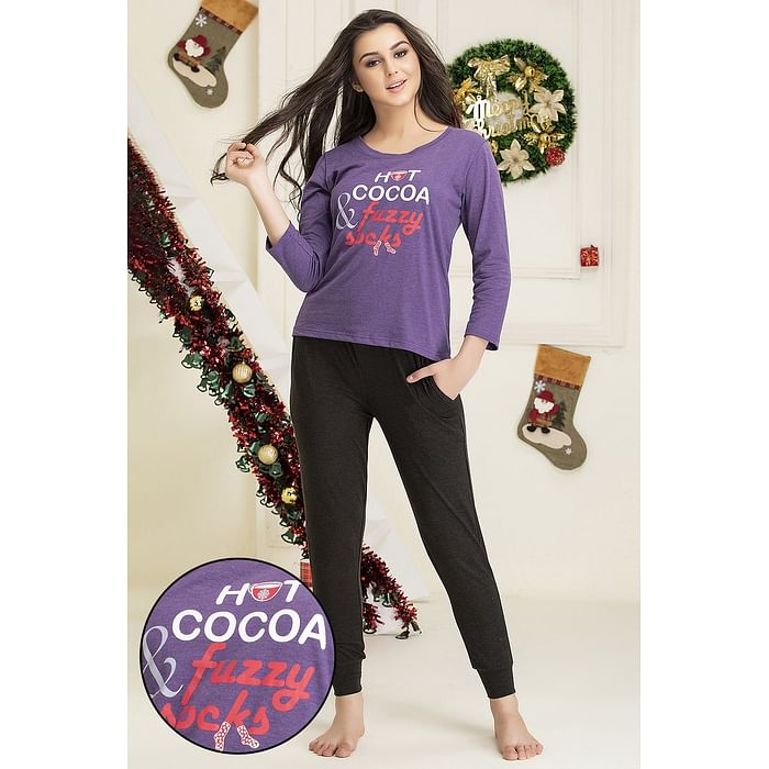 

Clovia Merry Christmas Top & Pyjama Set in Purple- Cotton Rich - LS0492P15