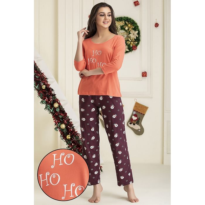 

Clovia Text Print Top & Pyjama Set in Orange - Cotton - LSC131A16